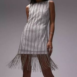 Topshop embellished diamante fringe detail mini dress in ivory